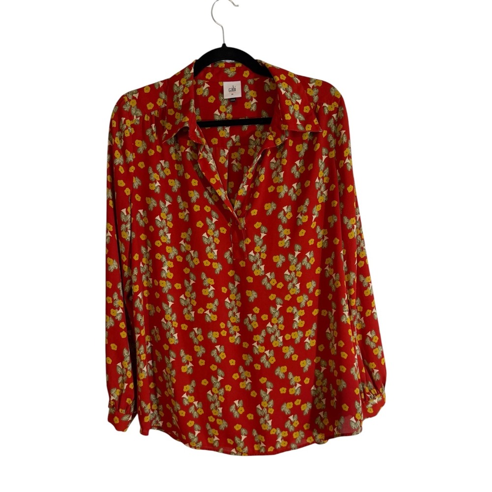 Cabi Blouse Red M Women Floral Henley V-Neck Long Sleeve Casual Career 3947